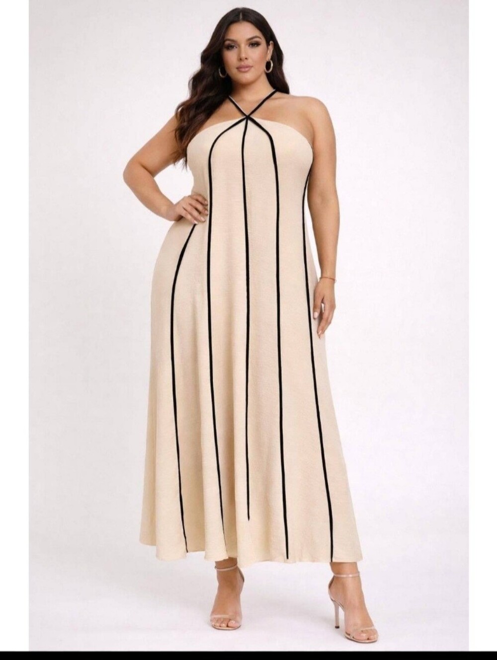 Beige Halter Maxi Dress with Black Piping
